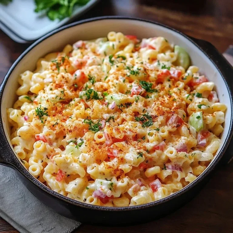 Bowl of classic macaroni salad with vegetables and creamy dressing.