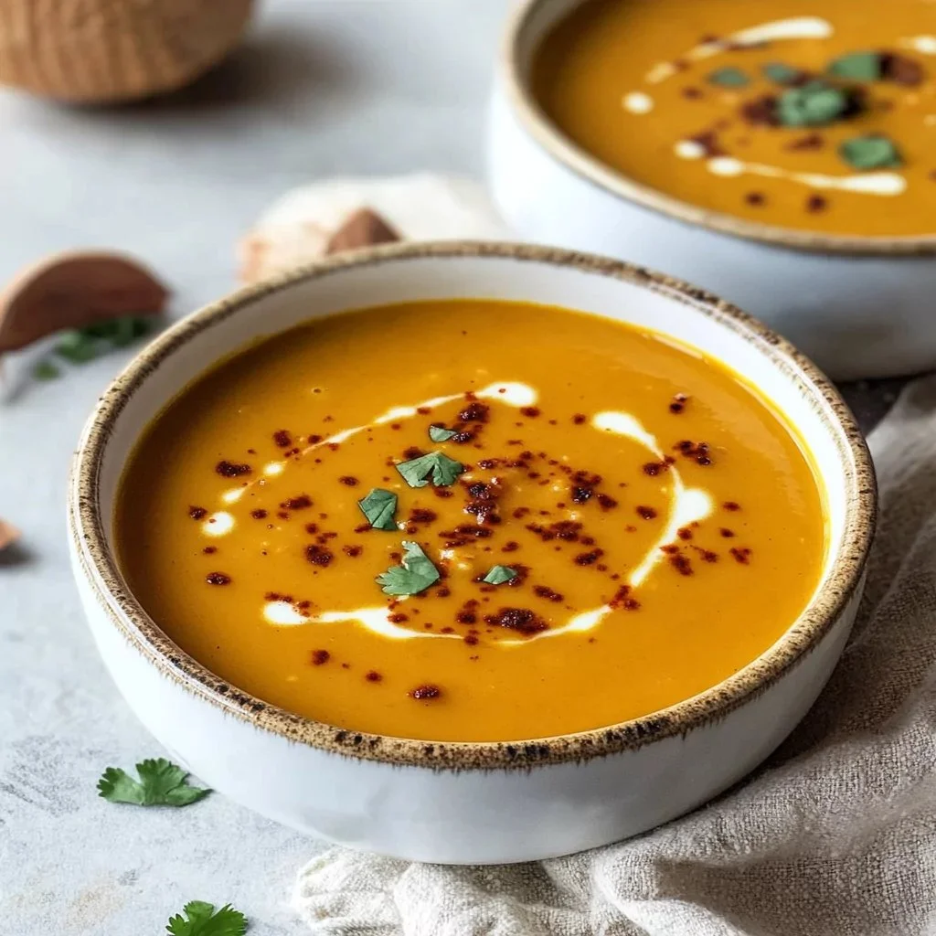 Bowl of coconut curry pumpkin soup garnished with herbs and spices.