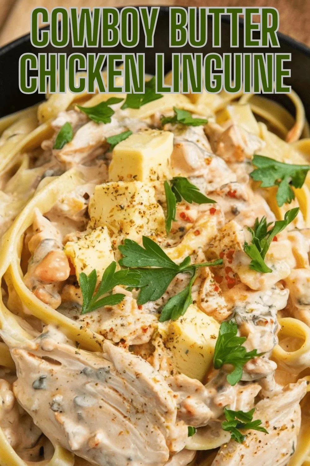 A bowl of Cowboy Butter Chicken Linguine with creamy sauce and spices.