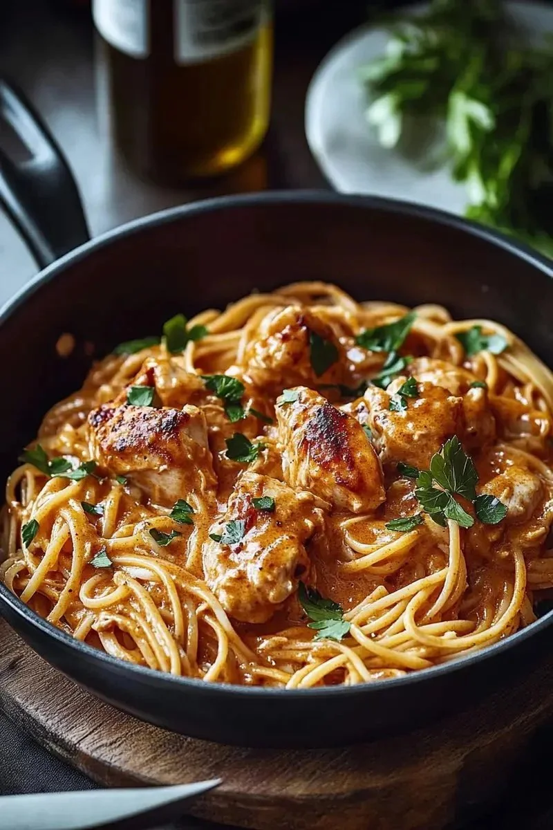 Cowboy Butter Chicken Linguine served in a bowl garnished with herbs