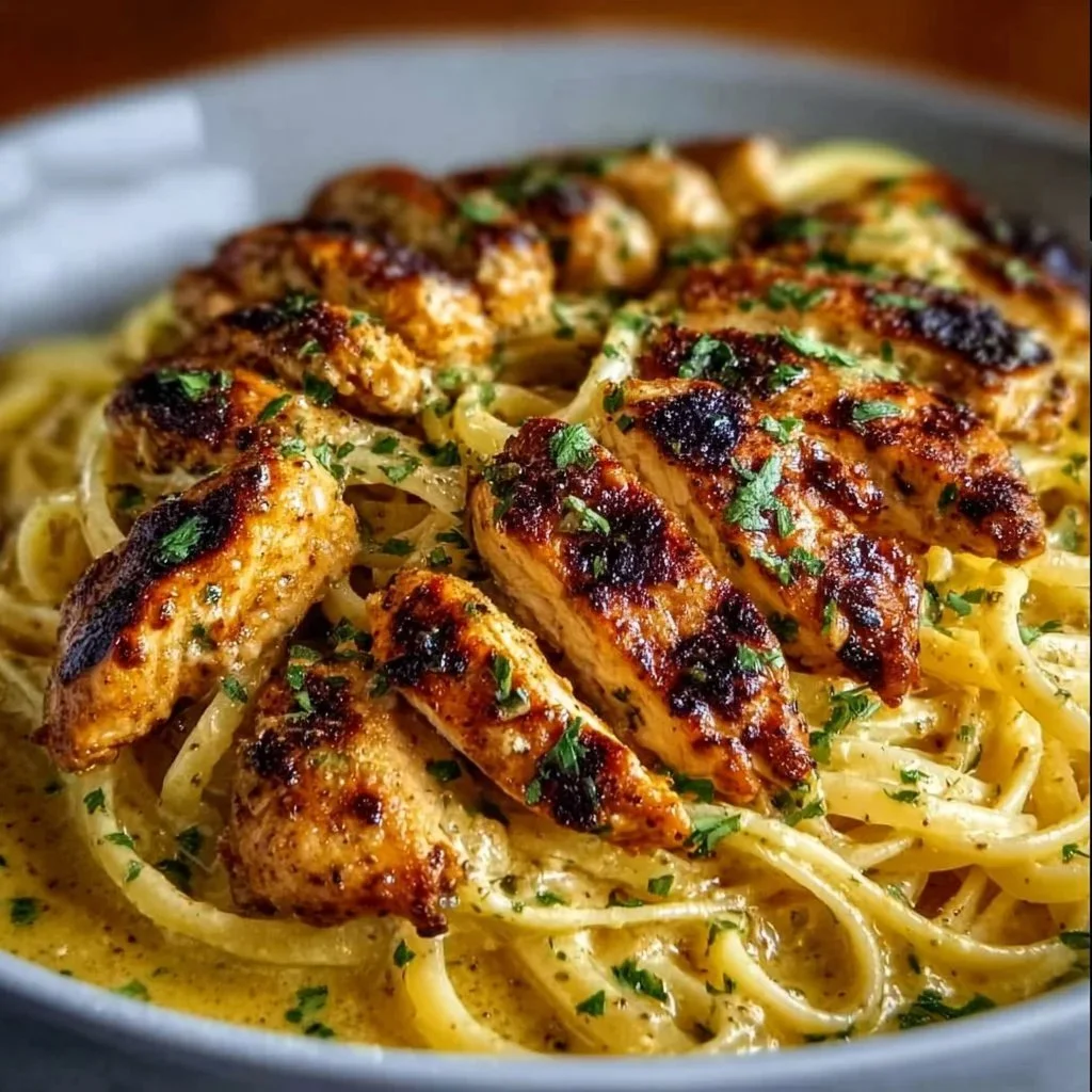 A bowl of Cowboy Butter Chicken Linguine topped with fresh herbs and spiced sauce.