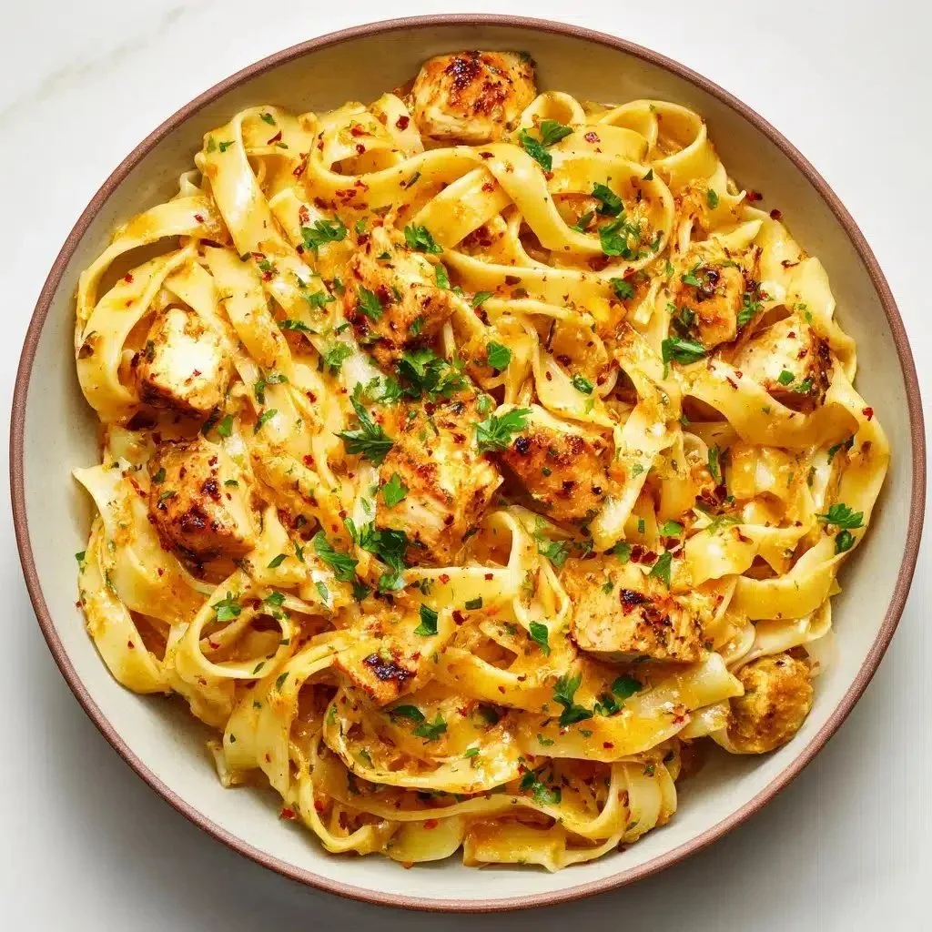 Cowboy Butter Chicken Linguine with creamy sauce and herbs served on a plate.