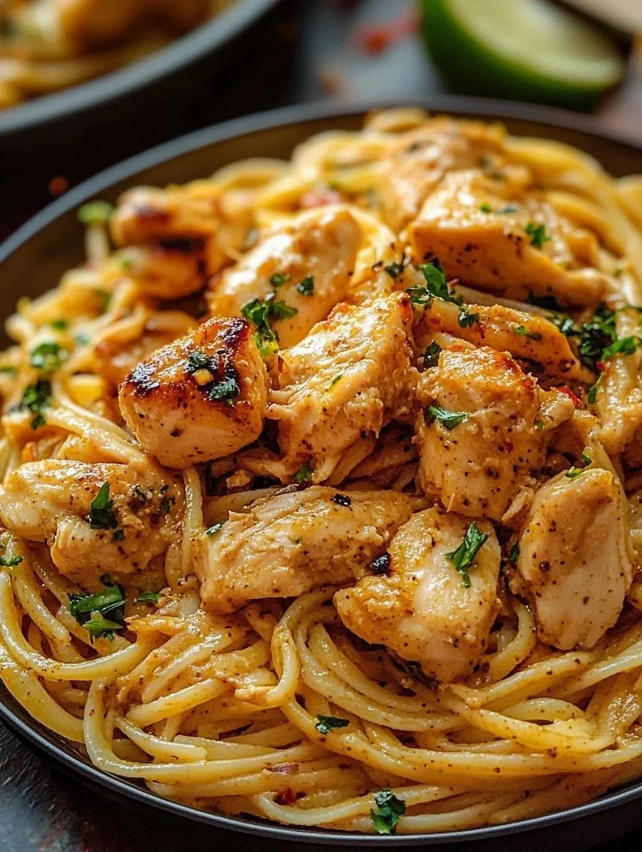 Plate of Cowboy Butter Chicken Linguine with herbs and pasta