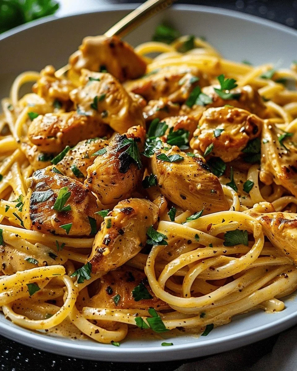 Delicious Cowboy Butter Chicken Linguine with creamy sauce and pasta
