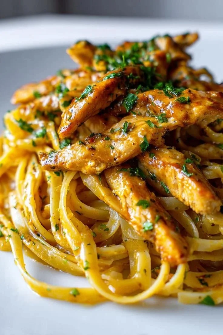 Delicious Cowboy Butter Chicken Pasta served with a creamy sauce and garnish.