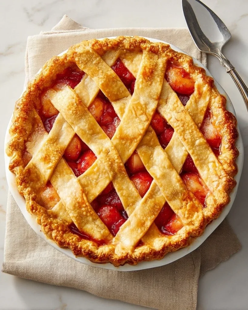 Delicious cranberry apple pie with a golden crust and fresh cranberries and apples.