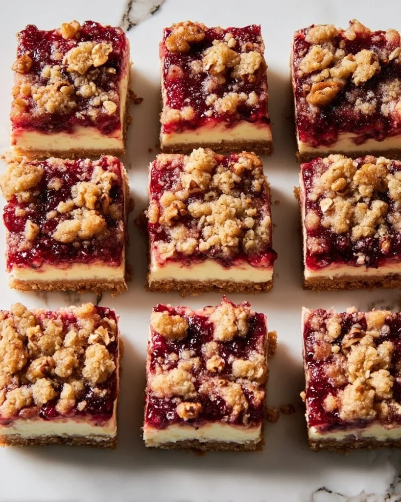 Cranberry Crumble Cheesecake Bars with a crumbly topping and bright cranberry slice
