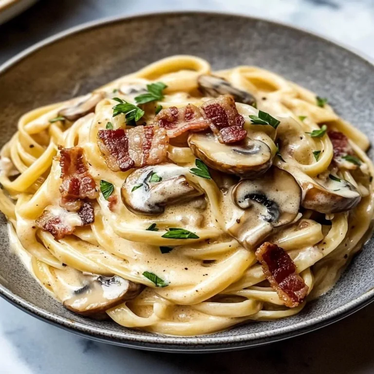 Creamy bacon mushroom pasta served in a bowl with fresh herbs