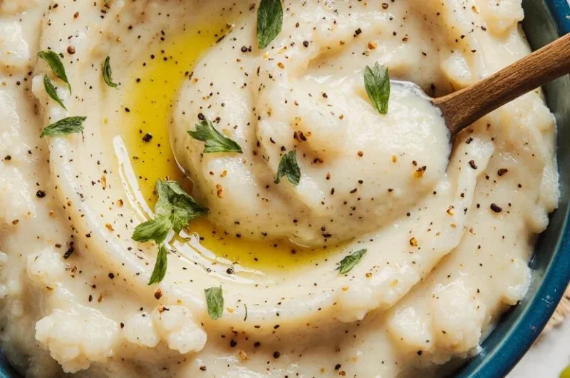 Creamy cauliflower purée served in a bowl with herbs garnishing