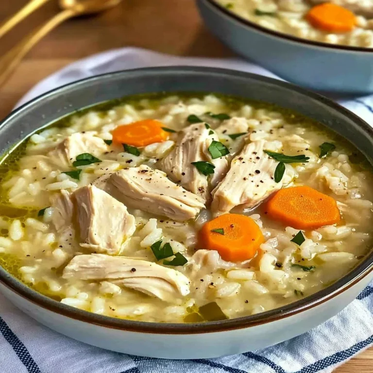 Bowl of creamy chicken and rice soup with herbs and vegetables