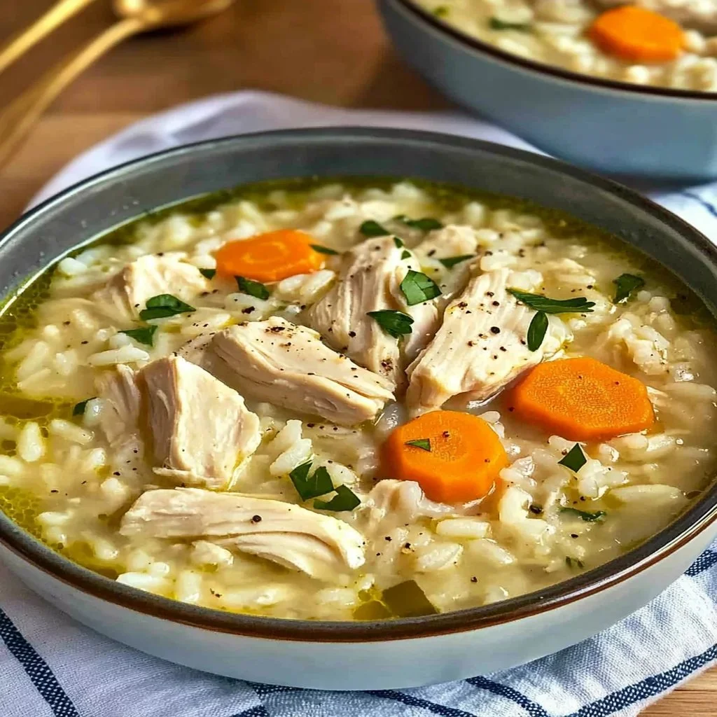 Bowl of creamy chicken and rice soup with herbs and vegetables