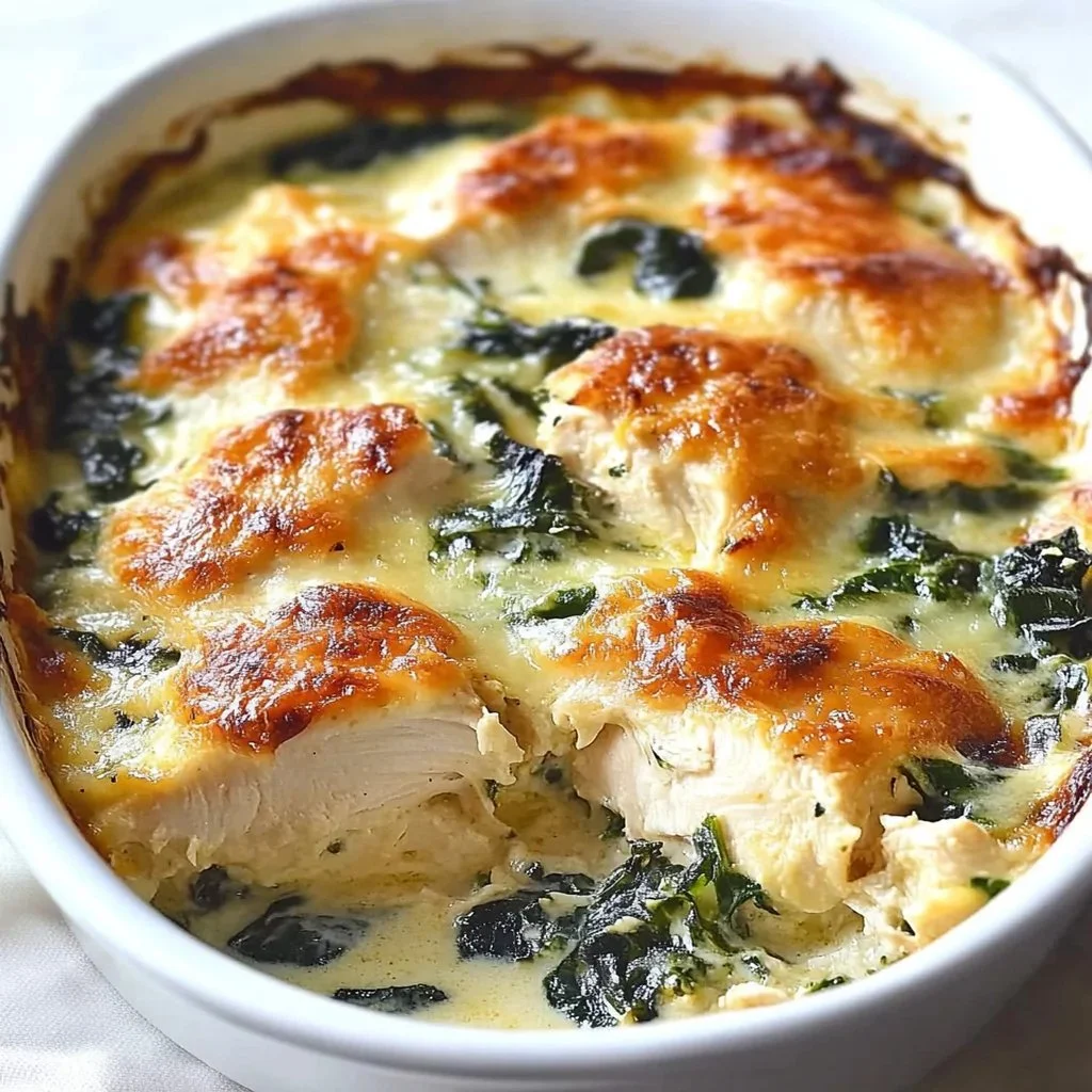 Creamy chicken and spinach casserole dish, baked until golden and bubbling.
