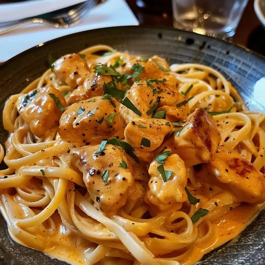 Plate of creamy chicken linguine with herbs and parmesan
