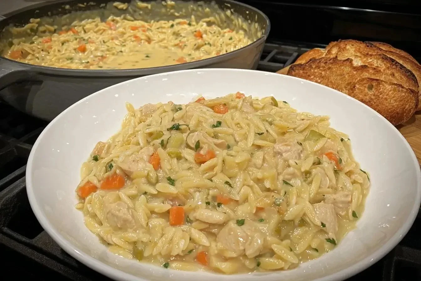 Creamy chicken pot pie orzo served in a bowl with vegetables and herbs