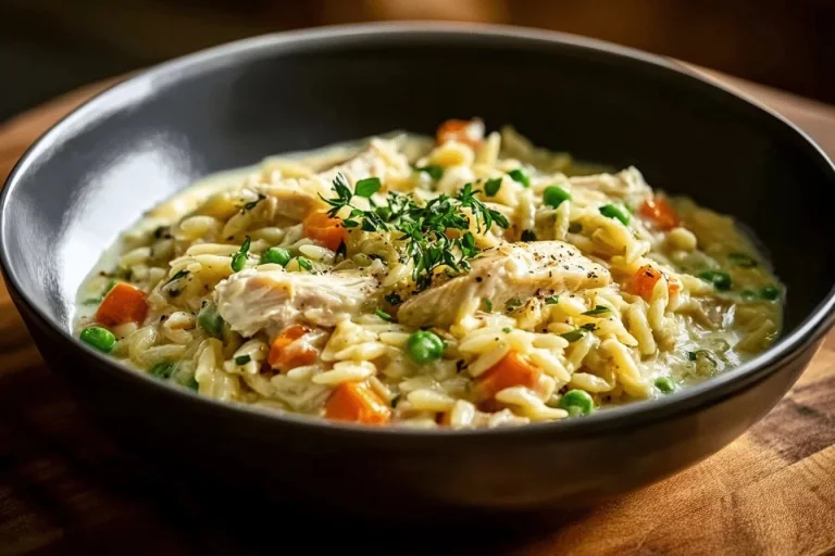 Delicious creamy chicken pot pie orzo served in a bowl with vegetables.