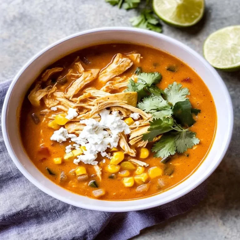 Bowl of creamy chicken tortilla soup garnished with crispy tortilla strips