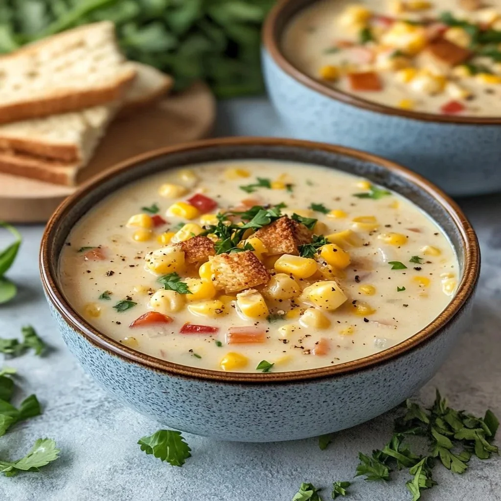 Bowl of creamy corn chowder topped with herbs and served with fresh bread