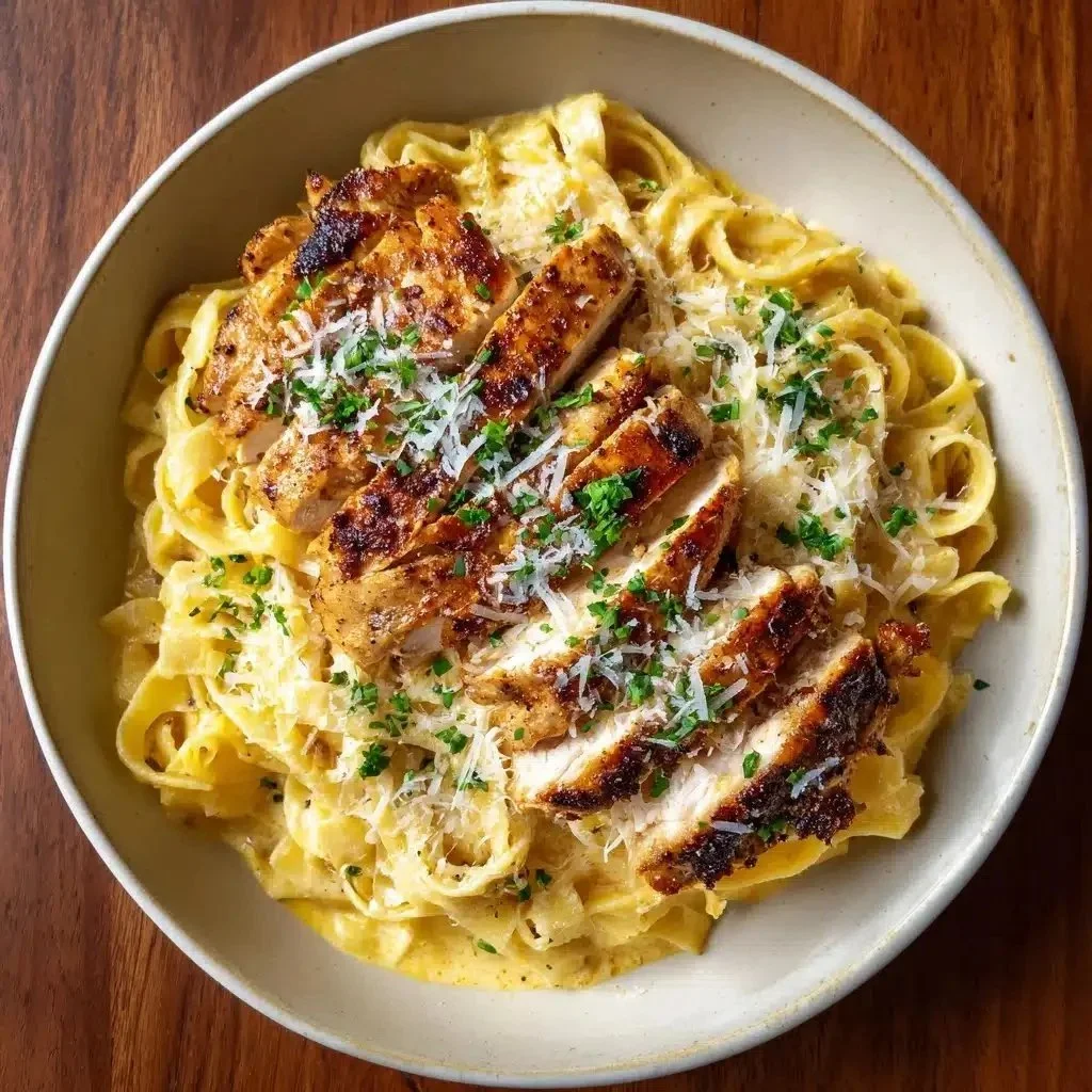 Creamy cowboy butter chicken linguine dish garnished with herbs