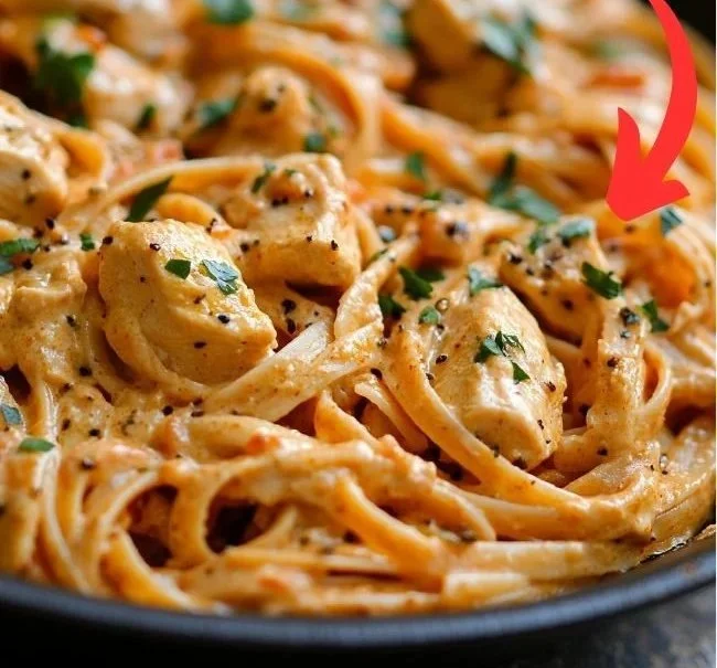 Delicious creamy cowboy butter chicken linguine topped with fresh herbs.