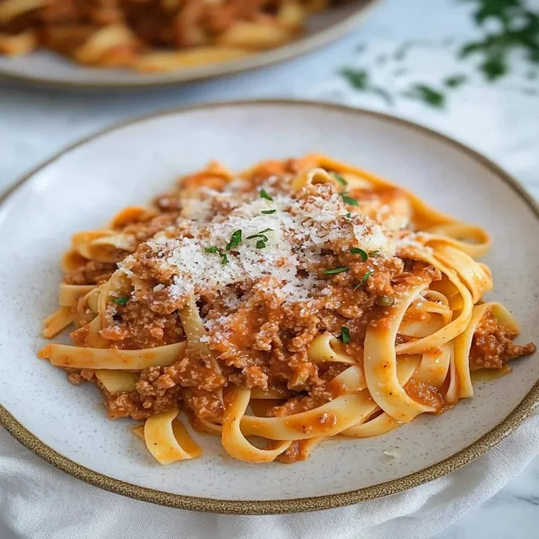 A delicious plate of creamy Fettuccine Bolognese topped with grated cheese and herbs.