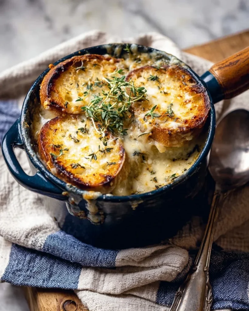 Bowl of creamy French onion and mushroom soup garnished with cheese and herbs