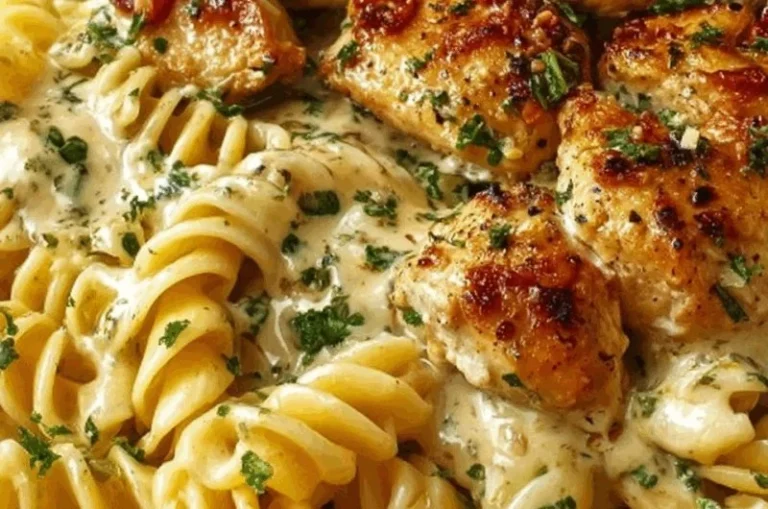 Delicious creamy garlic Parmesan chicken served with cheesy twisted pasta