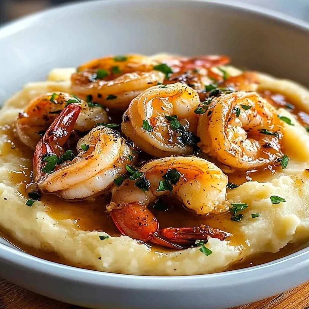 Creamy garlic shrimp served atop mashed potatoes in a gourmet dish