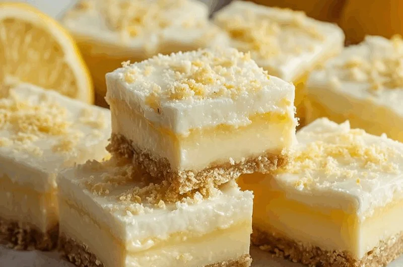 Delicious creamy lemon squares served on a plate, garnished with lemon zest.