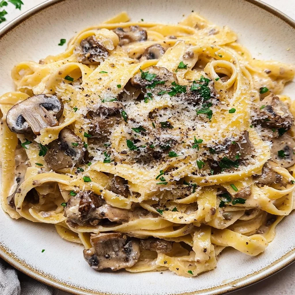 Creamy mushroom pasta dish with herbs and parmesan cheese
