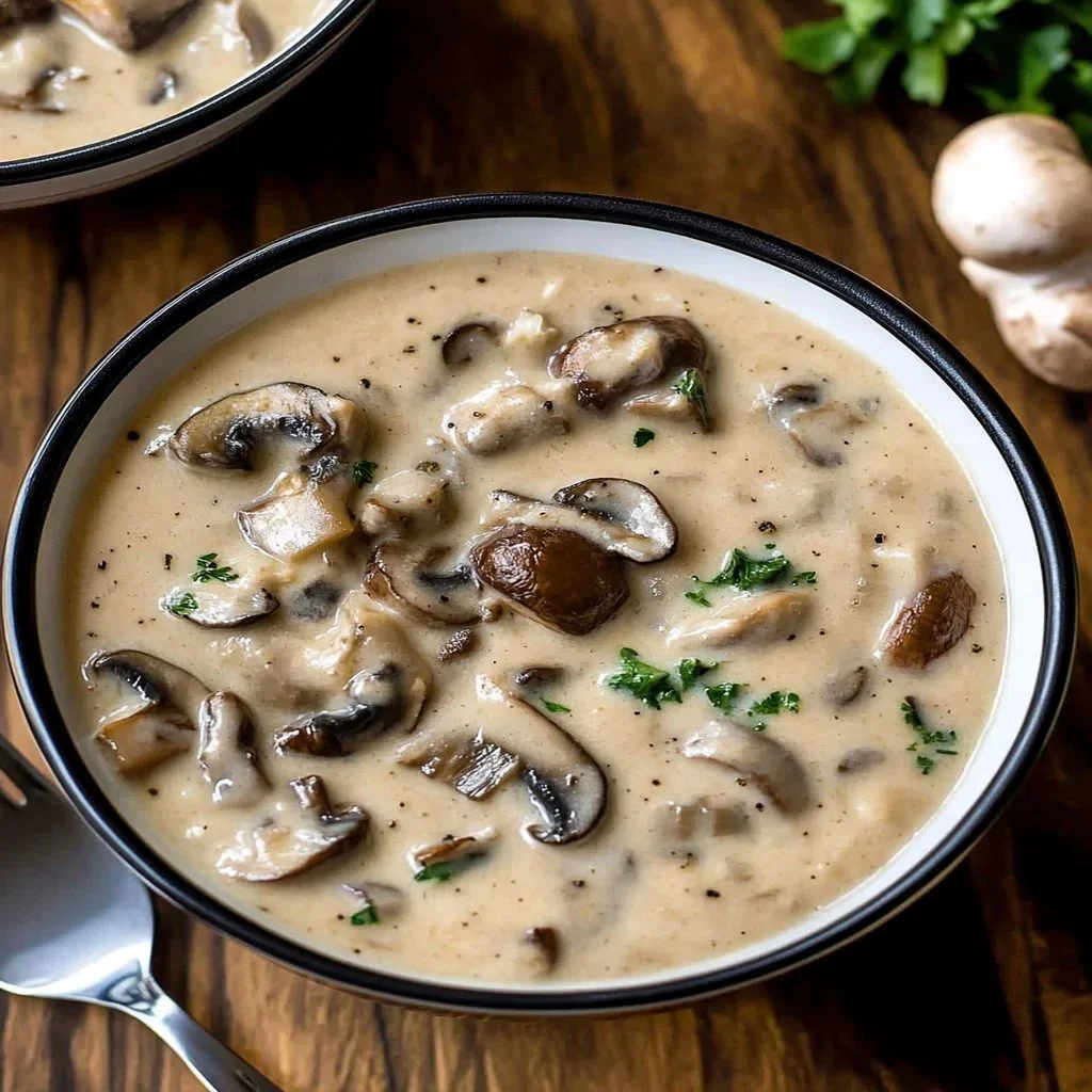 Bowl of creamy mushroom soup garnished with fresh parsley