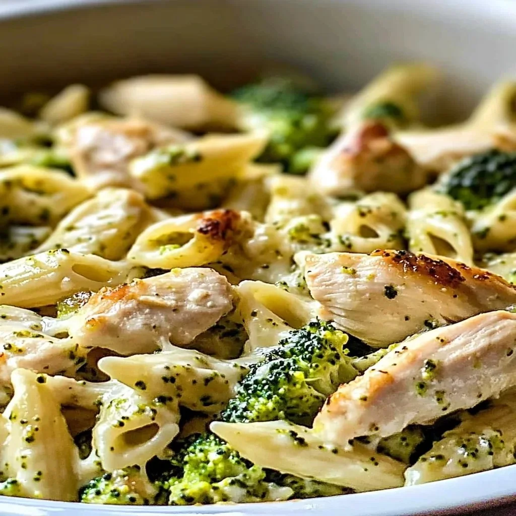 Creamy pesto chicken and broccoli pasta bake in a casserole dish.