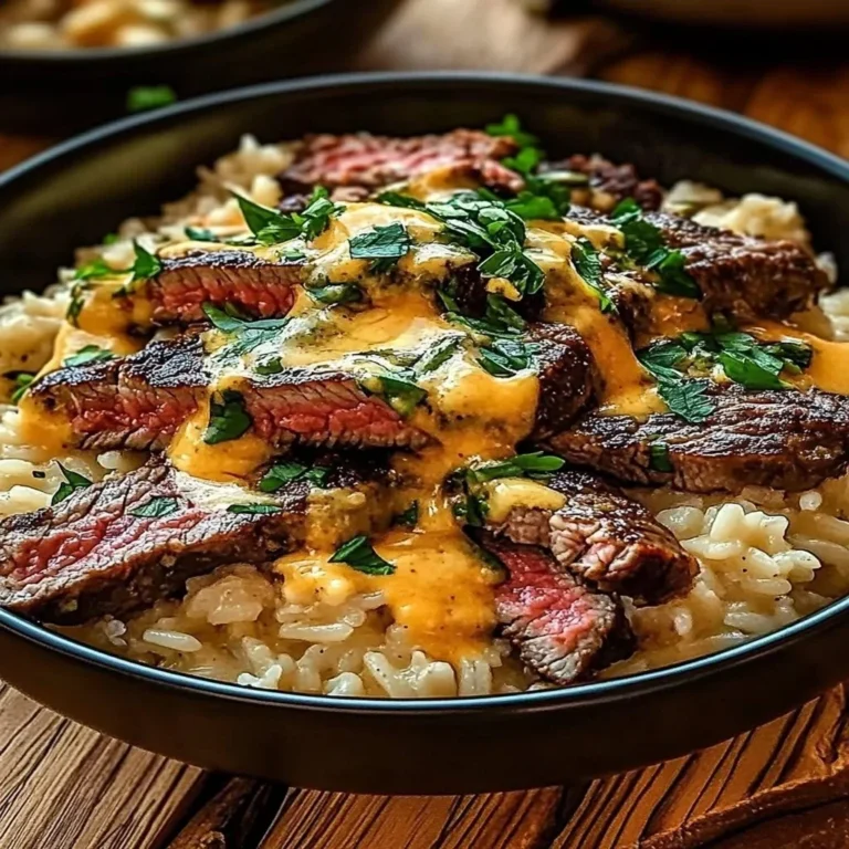 Bowl of creamy queso rice with juicy steak strips for a hearty meal