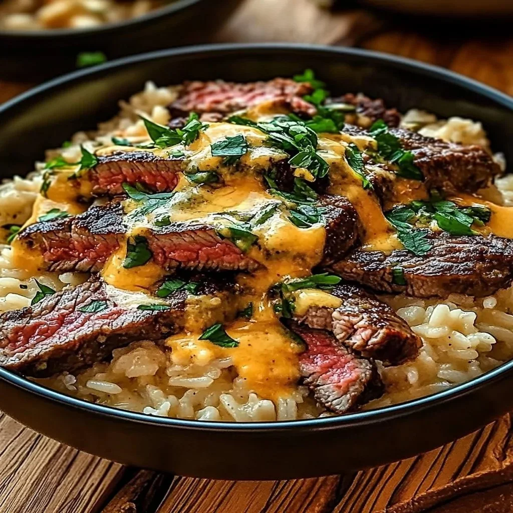 Bowl of creamy queso rice with juicy steak strips for a hearty meal