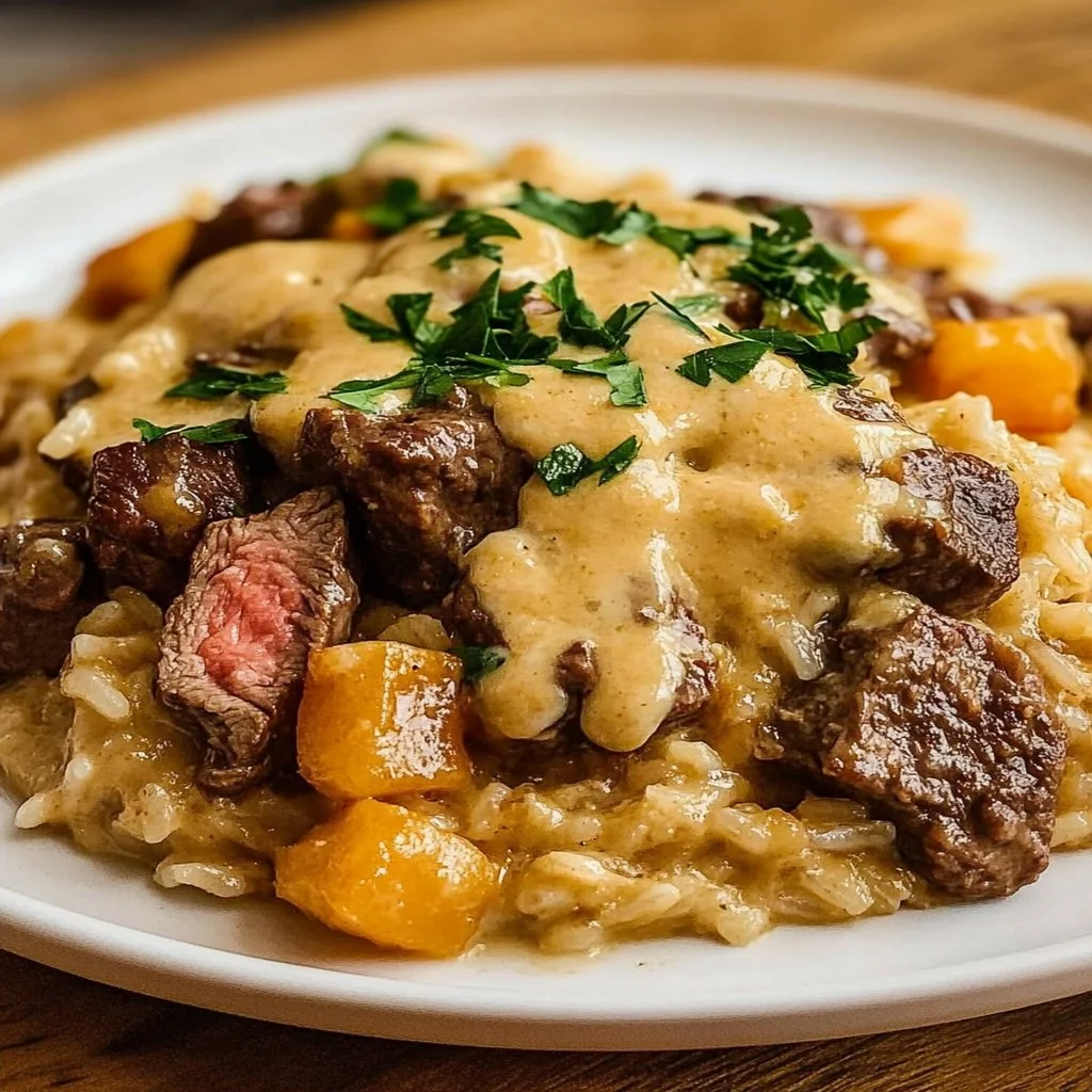 Creamy queso rice topped with juicy steak strips on a plate