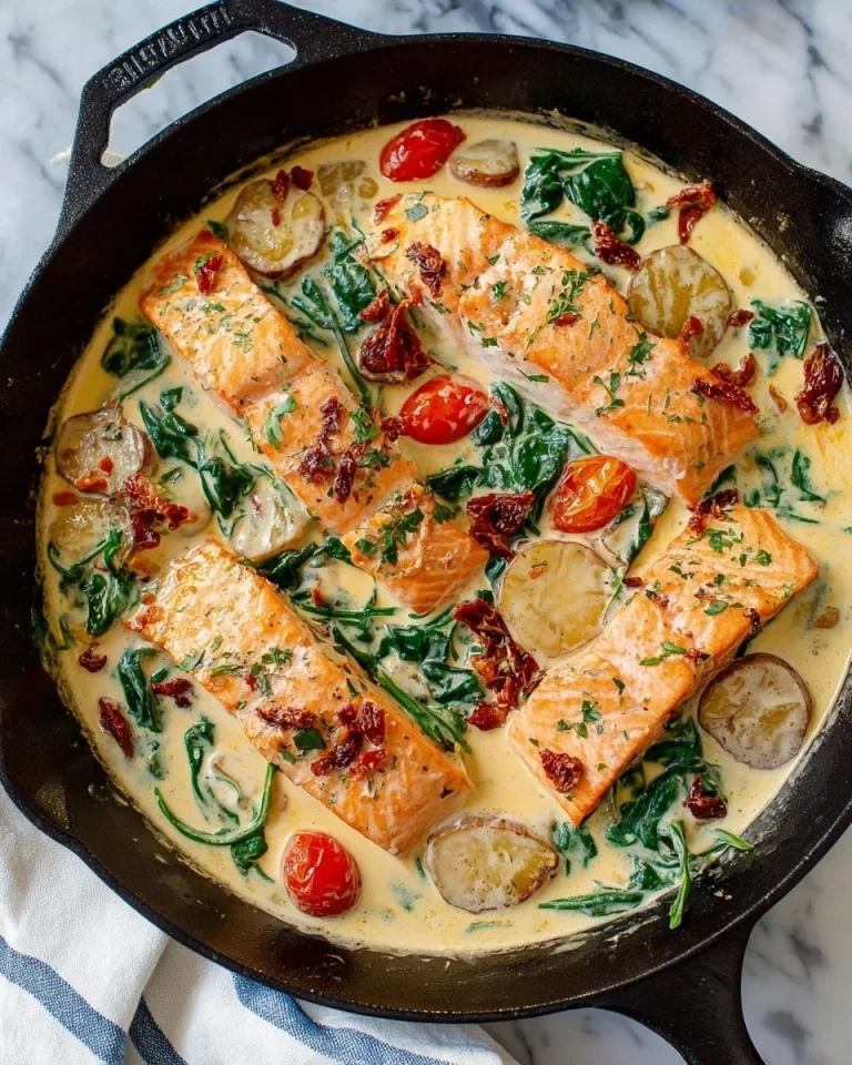 Creamy Tuscan Salmon served with spinach and sun-dried tomatoes
