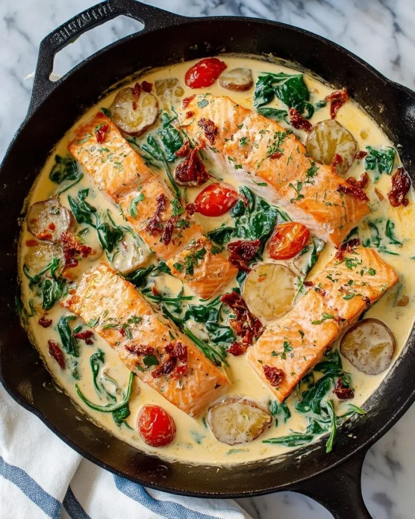 Creamy Tuscan Salmon served with spinach and sun-dried tomatoes