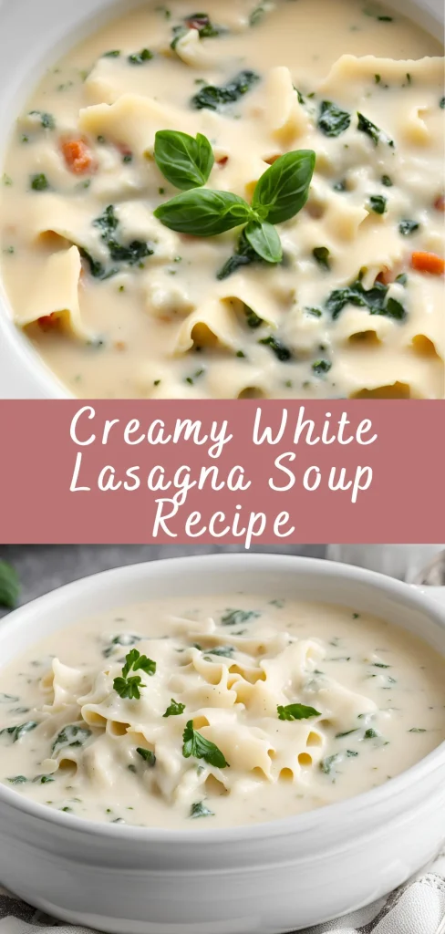 Bowl of creamy white lasagna soup topped with herbs and cheese