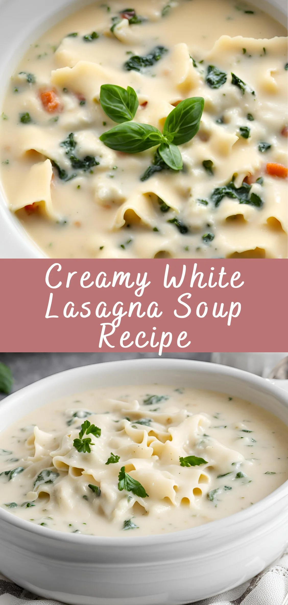 Bowl of creamy white lasagna soup topped with herbs and cheese