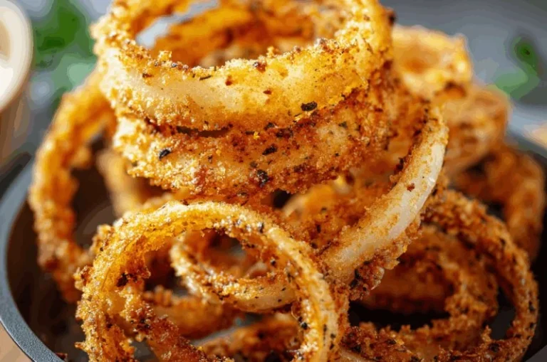 Crispy air-fried onion rings served on a plate, golden brown and delicious.