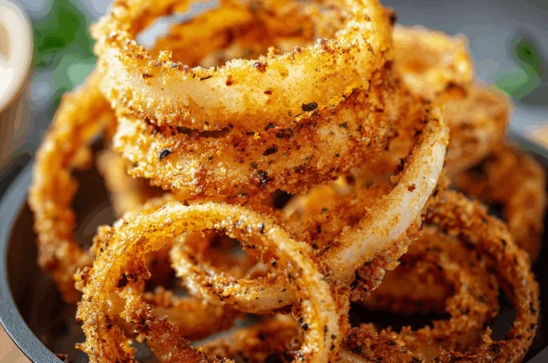 Crispy air-fried onion rings served on a plate, golden brown and delicious.