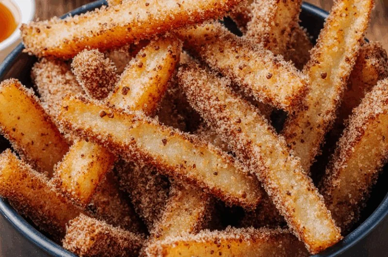 Crispy apple fries made in an air fryer, garnished and ready to eat.