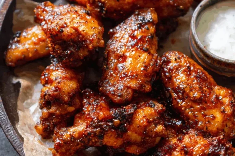 Crispy baked chicken wings served with dipping sauce on a platter