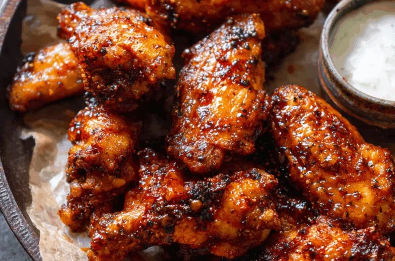 Crispy baked chicken wings served with dipping sauce on a platter