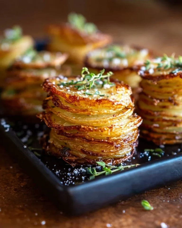 Delicious crispy cheesy potato stacks ready to serve on a plate