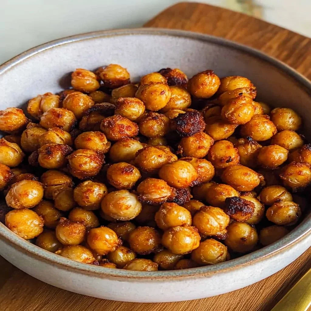 Crispy garlic air fried chickpeas served in a bowl