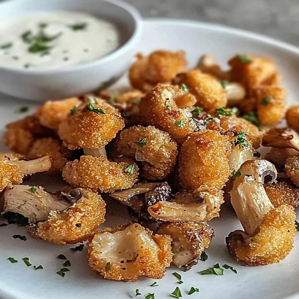 Plate of crispy garlic mushrooms garnished with parsley