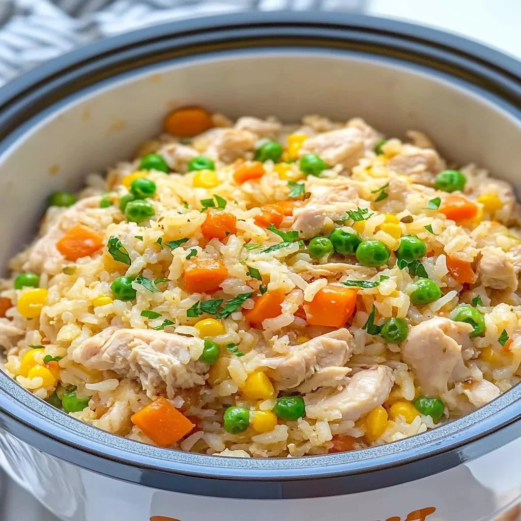 Delicious crockpot chicken and rice served in a bowl with herbs
