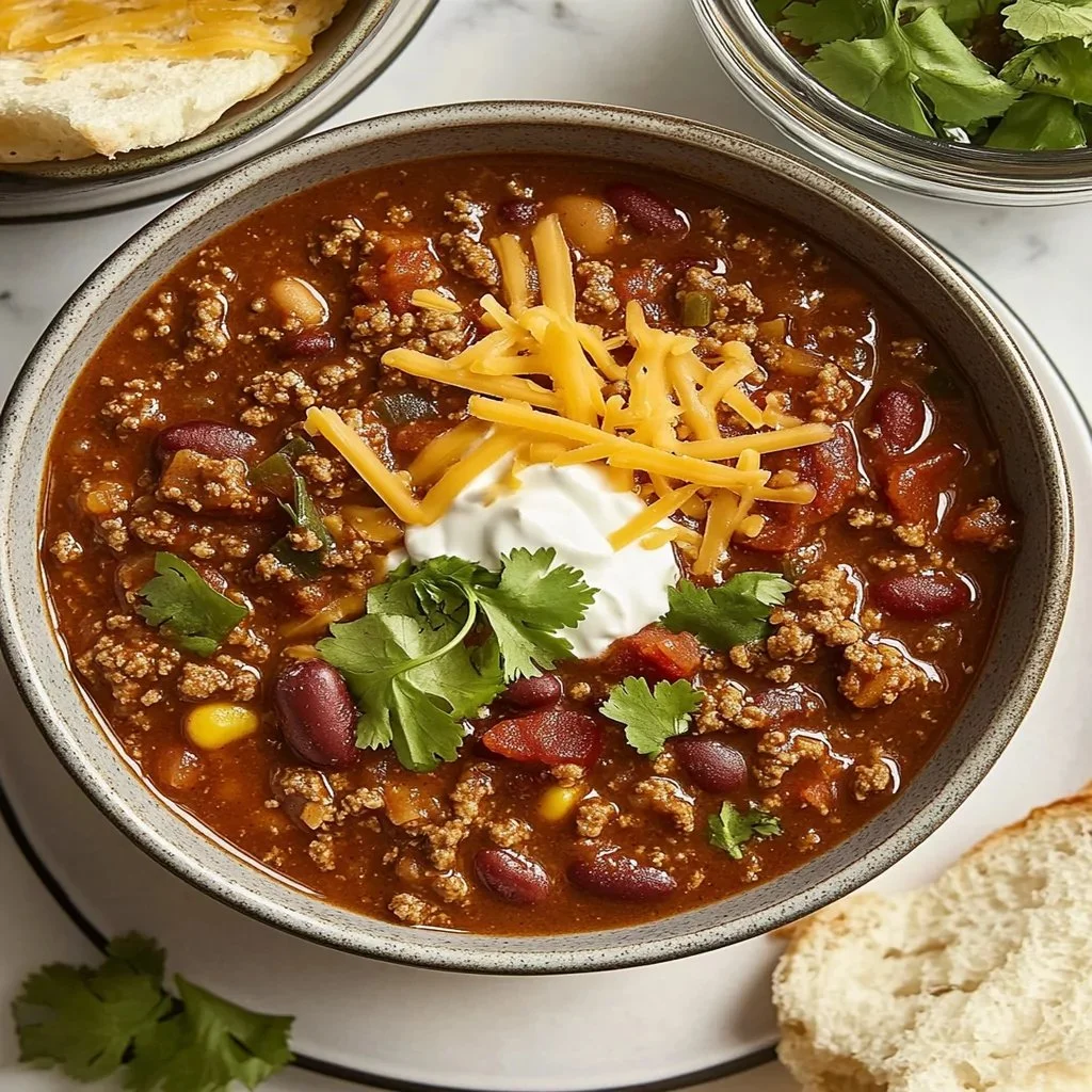 Delicious bowl of homemade Crockpot Chili garnished with fresh herbs