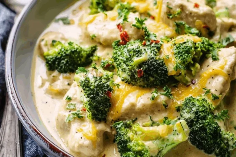 Crockpot creamy broccoli cheddar chicken garnished with herbs