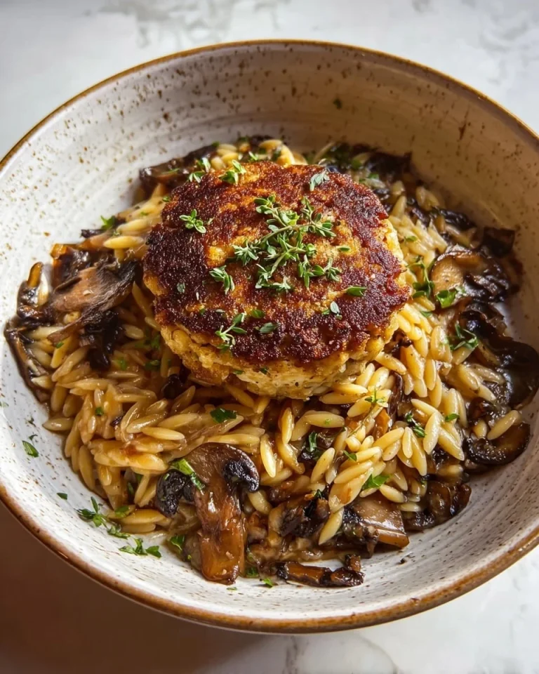 Crockpot Creamy French Onion Chicken served with orzo pasta in a bowl
